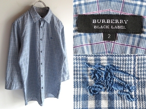 希少 BURBERRY BLACK LABEL バーバリーブラックレーベル ホースロゴ刺繍 七分袖 コットン チェックシャツ 2 ブルー 青 ホワイト 三陽商会