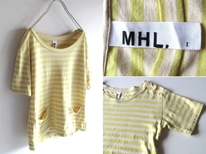 ネコポス対応 MHL. マーガレットハウエル コットンリネン天竺 ポケット付 ボーダーTシャツ 半袖カットソー 1 イエロー エクリュ 日本製