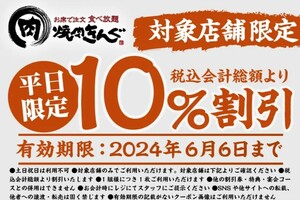 期限6/6 平日限定 焼肉きんぐ 10%割引 対象店舗限定　クーポン