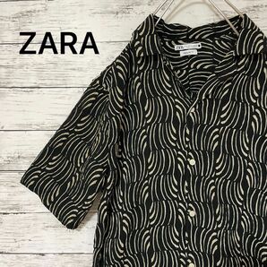 ZARA シワ加工 総柄オープンカラーシャツ 半袖シャツ 開襟シャツ モノクロ