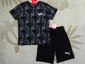 新品★PUMA プーマ★140★人気の総柄!!総ロゴTシャツ・ハーフパンツ★ブラック 黒★上下