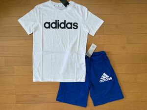 新品★adidasアディダス★150★快適!!半袖Ｔシャツ(ホワイト 白)・パフプリントロゴ!スウェットパンツ(ブルー 青)★上下