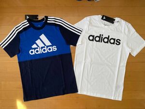 新品 160 2枚 adidas アディダス 快適!! ビッグロゴＴシャツ(ネイビー/ブルー) リニアロゴ(ホワイト 白/黒) 