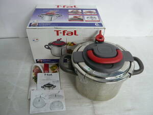 ピ/T-fal/ワンタッチ開閉圧力鍋/Clipso/パプリカレッド/ティファール/IH対応/6L/80kpa/高圧&低圧2段切替/中かご付/使用感有★P4.22-023★