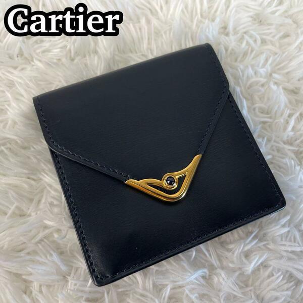 極美品　カルティエ　コインケース　サファイアライン　レザー　ブラック　ストーン　Cartier　小銭入れ　ゴールド金具　ストーン