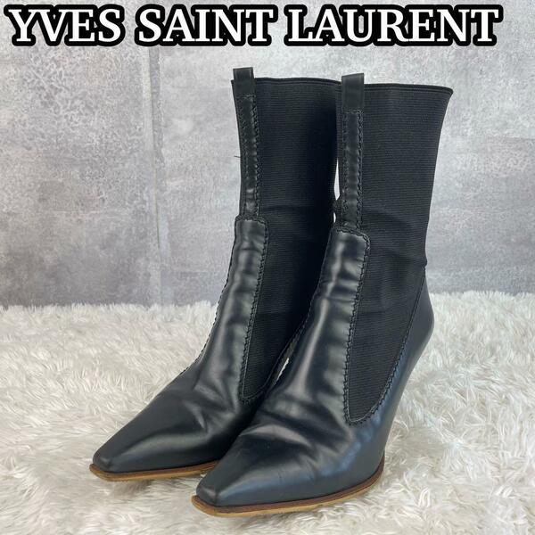 イヴサンローラン　ストレッチブーツ　35 (22.5cm相当)　ミドル丈　レザー　サイドゴア　ヒール　35　YVE SAINT LAURENT YSL 