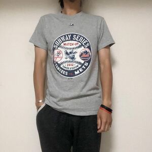 majestic Yankees Mets subway series TシャツSマジェスティック　ヤンキース　メッツ　アメリカ古着ビンテージ加工