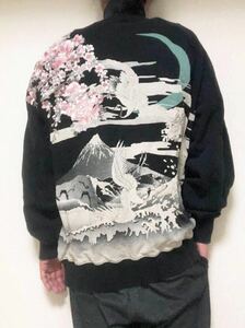 絡繰魂 和柄 富士山　桜　刺繍　鶴　波スウェット　トラックジャケットXXL