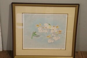 Art hand Auction E634 Framed painting/Atsuyuki Uemura/Lithograph/Cherry blossoms and nightingale/Art, Painting, Oil painting, Nature, Landscape painting