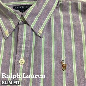 ★USA直輸入!!★正規品★[Ralph Lauren ラルフローレン]ストライプ 七分袖 オックスフォード ボタンダウンシャツ[レディース 6]青 緑 K-476