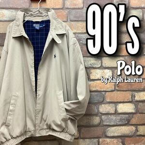 ★大きいサイズ★90’s 正規品★【POLO by Ralph Lauren】格子裏地 フェイクスウェード ドリズラージャケット【XL】サンドベージュ K3-328