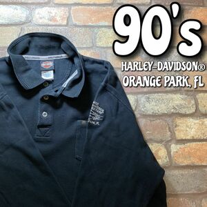 ★大きいサイズ★90s USA古着★【Harley-Davidson ハーレーダビッドソン】メタルタブ 袖刺繍入り ポロシャツ【XL】黒 バイク アメ車 K3-442