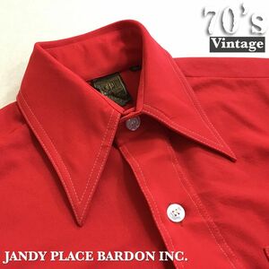 ★70's vintage★状態良好!!美品★[JANDY PLACE]無地 長襟 長袖 オールド シャツ ポリシャツ[メンズ S]赤 ビンテージ レトロ お洒落 K2-395