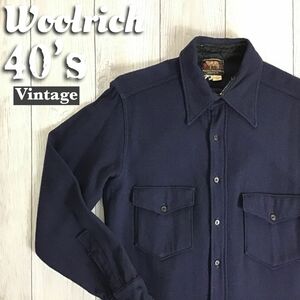 ◎稀少レア品◎40's vintage◎[Woolrich ウールリッチ]黒タグ REG 筆記体 無地 長襟 長袖 シャツ[15]紺 アウトドア ビンテージ古着 K2-266