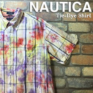 FP1-022★USA直輸入!!★1点物★【NAUTICA ノーティカ】マルチチェック タイダイ染め 半袖 BDシャツ[海外規格 メンズ L]紺 朱 黄 紫