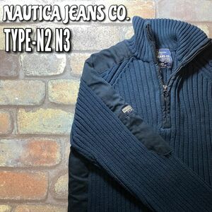 ★海外モデル★若干訳有★正規品★【NAUTICA JEANS CO. ノーティカ】TYPE-N2 N3 1/2zip リブ編み 異素材セーター【メンズ M】紺 黒 K3-405