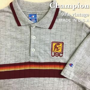 ★USA製★90's vintage★【Champion チャンピオン】刺繍エンブレム オールド カレッジ 半袖 ポロシャツ【メンズ L】霜降りグレー K2-624