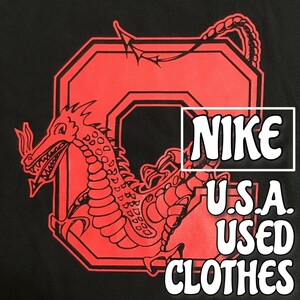 ★大きいサイズ★USA古着★正規品★【NIKE ナイキ】BIGドラゴン ラバープリント 半袖 Tシャツ【メンズ XL】黒×赤 カレッジ スクール K-894