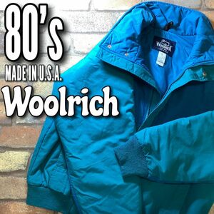 ★80′s USA製★紺タグ★【Woolrich ウールリッチ】前裾に羊刺繍 中綿入り オールド ナイロンジャケット【US M】ターコイズ 青 緑 K3-367