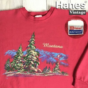 ★大きいサイズ!!★USA製★vintage★【Hanes ヘインズ】Montana BIGプリント 長袖 スウェットシャツ[XL]赤 ロッキー山脈 アウトドア K2-184