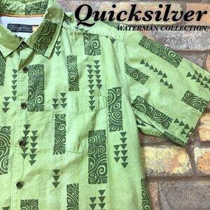 ★人気サーフブランドのプレミアムライン!!【Quiksilver クイックシルバー】WATERMAN ポリネシアン柄 半袖 シャツ[M]モスグリーン K2-914