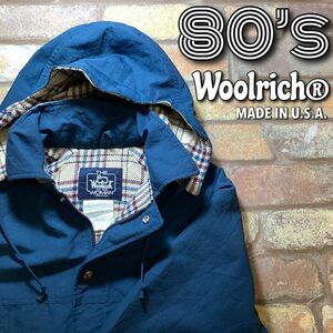 ★アメリカ古着★80′s USA製★【Woolrich ウールリッチ】着脱フード付 ウール裏地 レトロ マウンテンパーカー【WOMAN/M】ネイビー K3-381