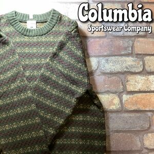 ★アメリカ直輸入★正規品★【Columbia コロンビア】左袖レザータグ付き フェアアイル柄 ウール混セーター【メンズ L】カーキ 茶 K3-406