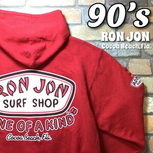 ★大人気★90′s vintage★正規品【RON JON ロンジョン】ココアビーチ 特大プリント 袖ライン＆ロゴ入 フルジップパーカー【M】赤 K3-225