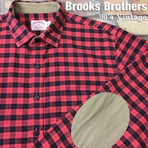 ★90’s vintage★正規品★【Brooks Brothers ブルックスブラザーズ】エルボーパッチ付き 赤×黒 チェック柄 シャツ[メンズ XL]良品 K2-867