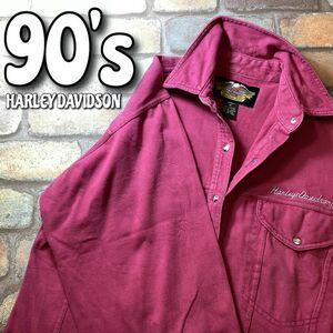 ★90s vintage★正規品★【HARLEY DAVIDSON】ラズベリー色 キラキラ刺繍ロゴ スウェット素材 ウエスタンシャツ【レディース M】レア K-150