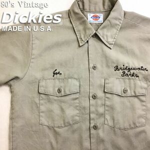 ★80's vintage★USA製★[Dickies ディッキーズ]刺繍 ネーム入り 半袖 ワークシャツ[メンズ M]ベージュ アメカジ ストリート 人気 K2-523