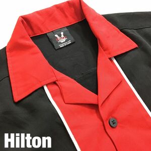 ★USA直輸入!!★状態良好!!★[Hilton ヒルトン]バイカラー 背面プリント 半袖 ボーリングシャツ[メンズ S]赤×黒 ファイヤーパターンK2-445