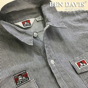 ★訳アリ 90's vintage 稀少USA製!!★[BEN DAVIS ベンデイビス]ヒッコリー ストライプ 長袖 ワークシャツ[メンズ M]青×白 アメカジ K2-412