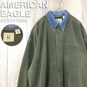 ★お値下げ!!★USA直輸入★【AMERICAN EAGLE アメリカンイーグル】デニム襟 長袖 厚手 ボタンダウンシャツ[L]カーキ アメカジ K2-269