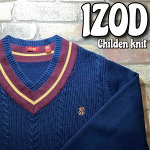 ★USA古着★レア♪逆タグエラー品？★【IZOD アイゾッド】刺繍ロゴ ケーブル編み Vネック チルデンセーター【M】紺 エンジ 黄 人気 K3-399