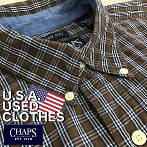 ★USA直輸入★良品正規品★【CHAPS チャップス】チェック柄 長袖 ボタンダウンシャツ[海外規格 L]茶 紺 アメカジ ビジネス 美品 K2-048