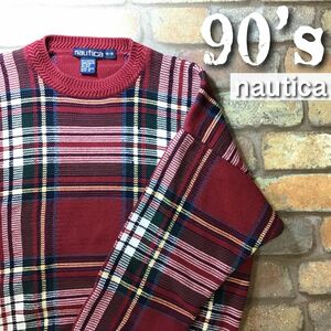 ★90’s★USA直輸入★正規品★【nautica ノーティカ】大人気!! オールド ビンテージ チェック柄編み コットンセーター[海外 M]赤茶 K3-159