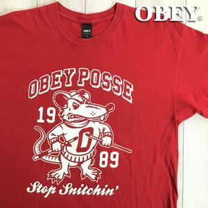 ★大きいサイズ◎USA直輸入!!◎[OBEY オベイ]1989 Stop Snitchin BIGプリント 半袖 Tシャツ[メンズ L]赤 アート カルチャー マウス K2-119