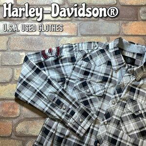 ★USA直輸入★【Harley-Davidson ハーレーダビッドソン】両袖ワッペン付 チェック柄 ウエスタンシャツ【メンズ S~M位】ベージュ 黒 K4-019