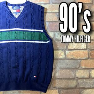 ★USA古着★90’s★正規品【TOMMY HILFIGER トミーヒルフィガー】裾刺繍ロゴ 緑×白ライン 縄編み コットンベスト【メンズ L】紺 K3-392