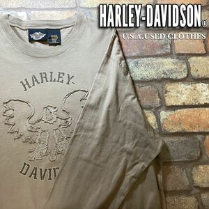 ★大きいサイズ★本場USA直輸入★正規品★【Harley-Davidson ハーレー】白頭鷲 布刺繍 長袖 Ｔシャツ【XL】サンドベージュ バイカー K3-268