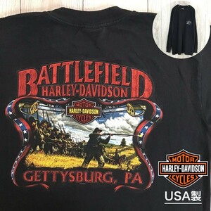 ★USA製★オフィシャル品★【HOLOUBEK×HARLEY-DAVIDSON】2004 両面両袖プリント 長袖 Tシャツ[M]黒 戦場 ゲティスバーグ 鷲 K2-120