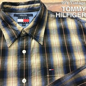 ★訳有!!★90’s 正規品★【TOMMY HILFIGER トミーヒルフィガー】ラインステッチ シャドーチェック柄 長袖 BDシャツ[L/G]薄茶 青 赤 K2-832