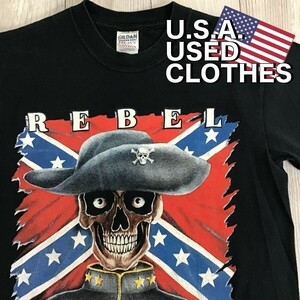 ★アメリカ直輸入!!★稀少海外Sサイズ★【GILDAN】REBEL 骸骨海賊BIGプリント 半袖 Ｔシャツ[メンズ S]黒 髑髏 スカル 海賊旗 レア K2-012