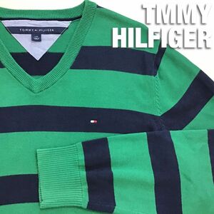 ★USA直輸入!!正規品★【TOMMY HILFIGER トミーヒルフィガー】 紺×緑 ボーダー Vネック 薄手 コットンニット セーター【メンズ L】 K2-695