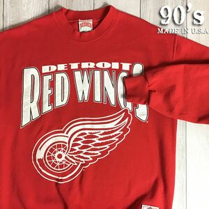 ★NHL アメリカ直輸入◎90's USA製◎[NUTMEG×Detroit Red Wings]ビンテージ オフィシャル スウェットシャツ[メンズ L]赤 ホッケー K2-218