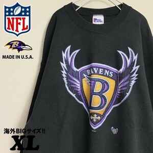 ★大きいサイズ★USA製 vintage★【PRO PLAYER×NFL レイブンズ】 BIGエンブレムプリント 裏起毛 スウェットシャツ[XL]黒 デカプリ K-406