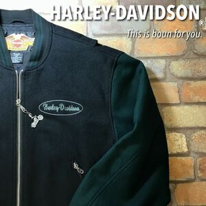 ★本場USA直輸入★正規品★【Harley-Davidson】超豪華刺繍 中綿キルティング ウールスタジャン【US L】黒×深緑 バイカー アメ車 K3-240