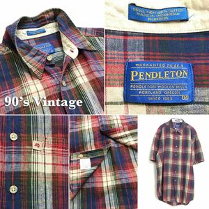 ★訳アリ★USA直輸入!!★90's vintage★[PENDLETON ペンドルトン]チェック柄 リネン 半袖 シャツ[メンズ M]赤 青 アウトドア サーフ K2-425