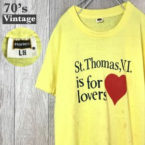 ◎70's◎Vintage!!◎USA直輸入!!◎[Hanes ヘインズ]St.Thomas,V.I 半袖 Tシャツ[L 42-44]黄 Lover セントトーマス島 カリブ海 稀少 K-876